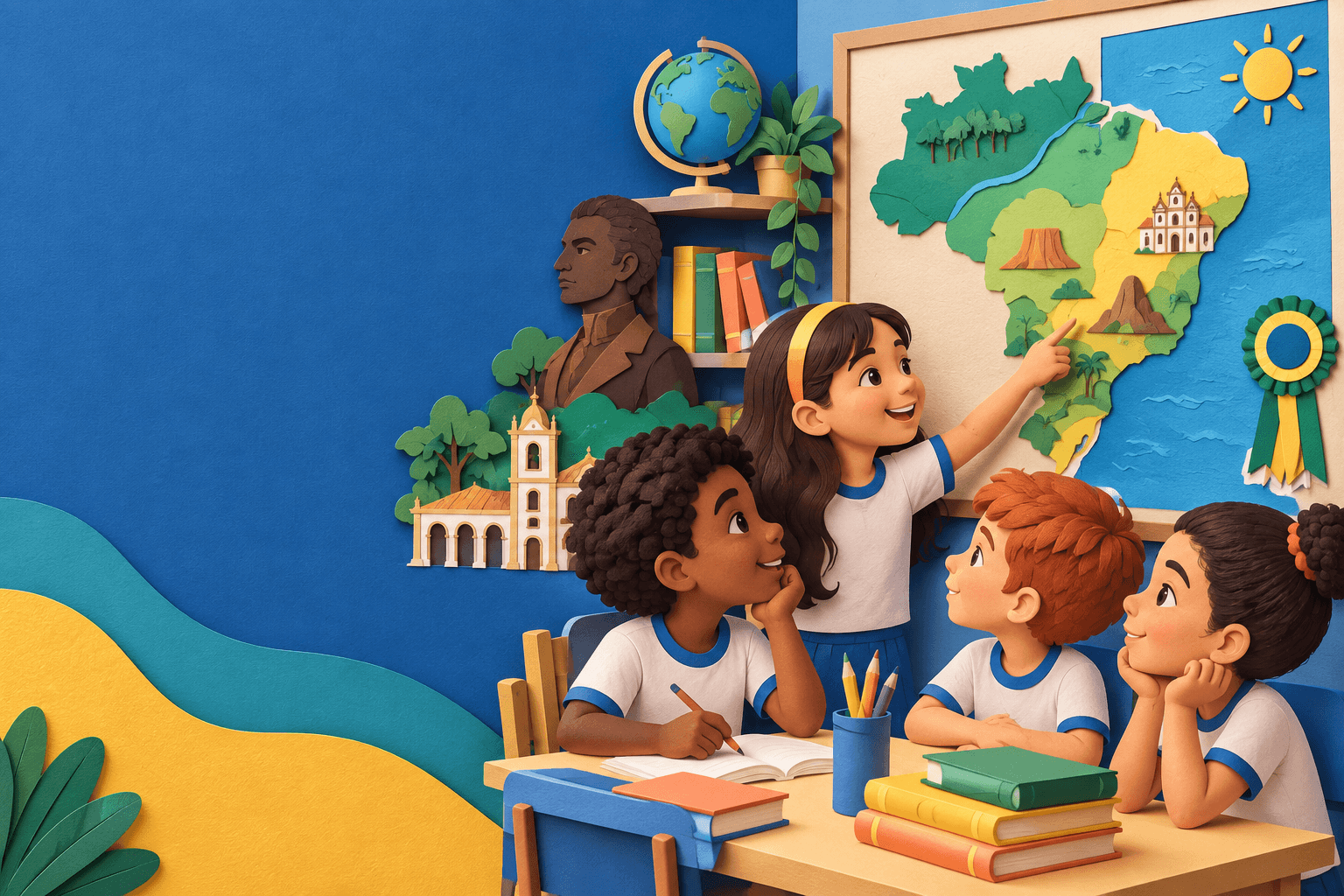 Ilustração de crianças aprendendo sobre cidadania e comunidade