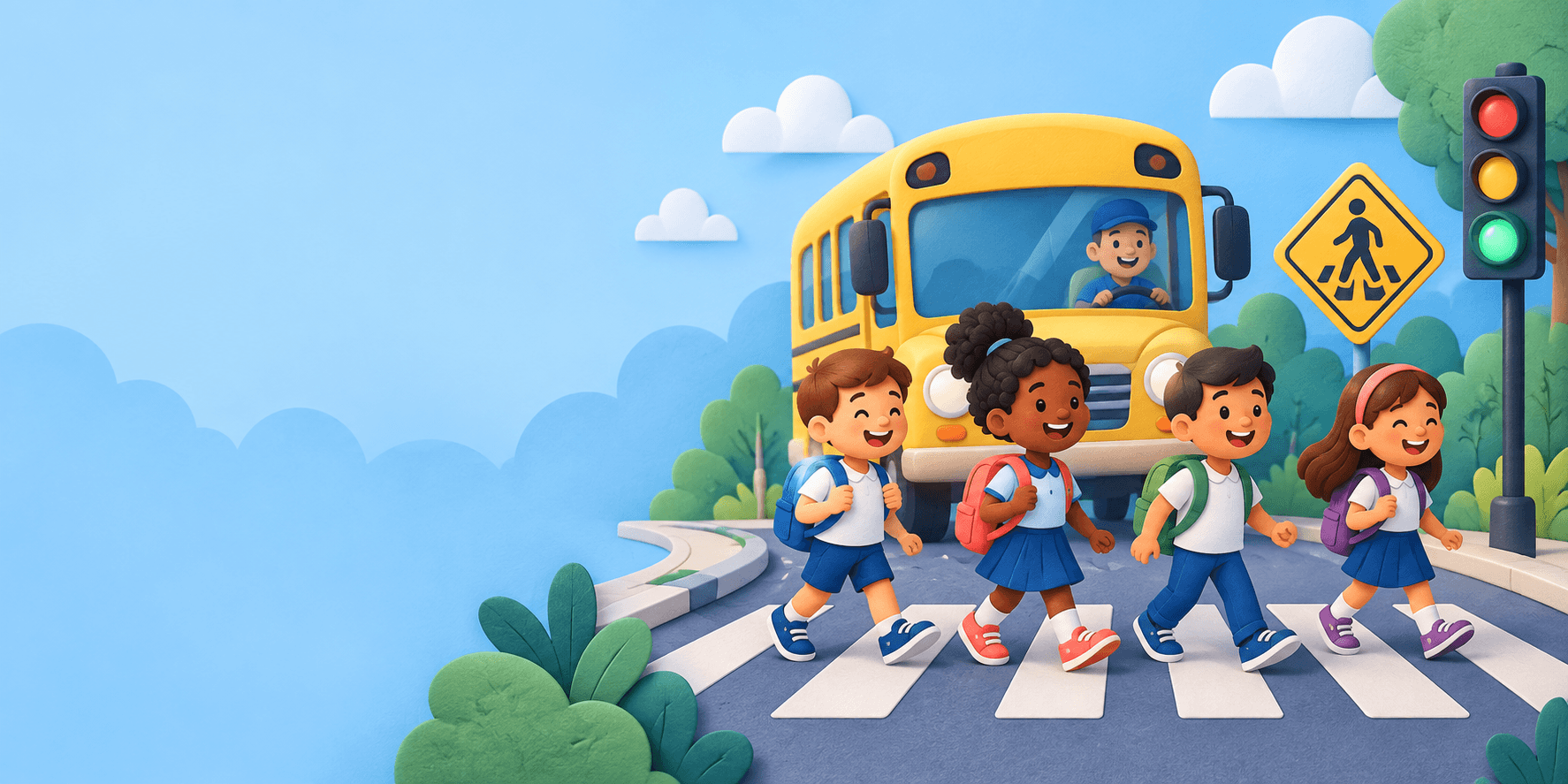 Ilustração educativa de crianças, faixa de pedestres, ônibus escolar e semáforo