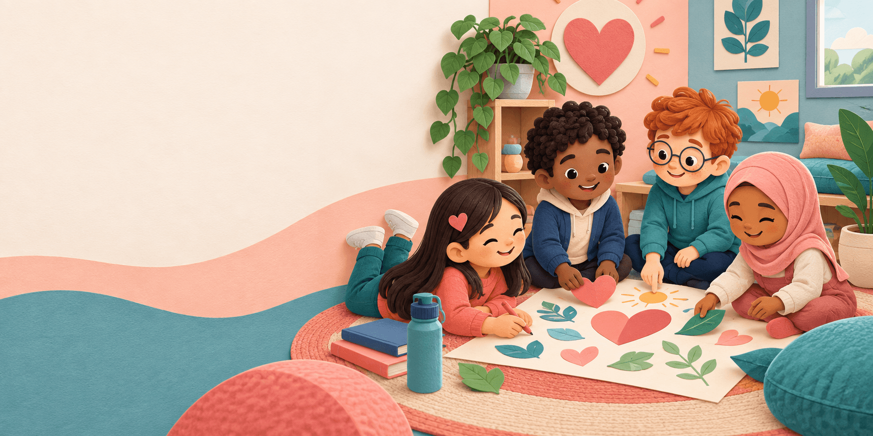 Ilustração educativa de convivência, cuidado e bem-estar