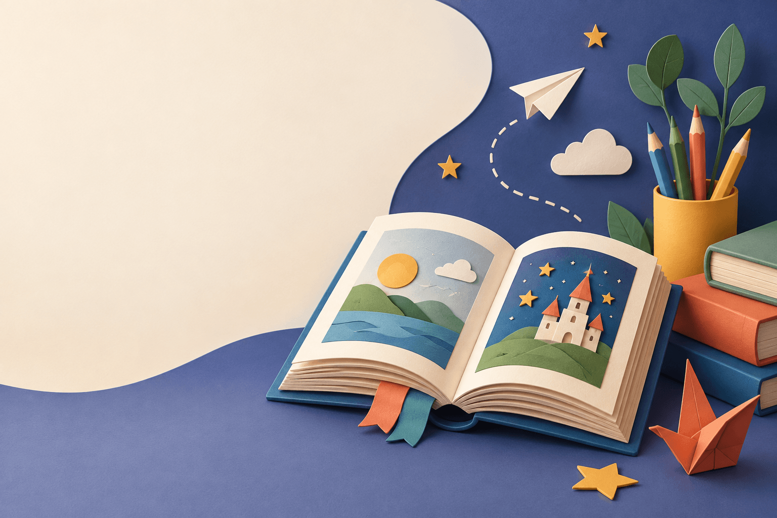 Ilustração de livro infantil e materiais de leitura