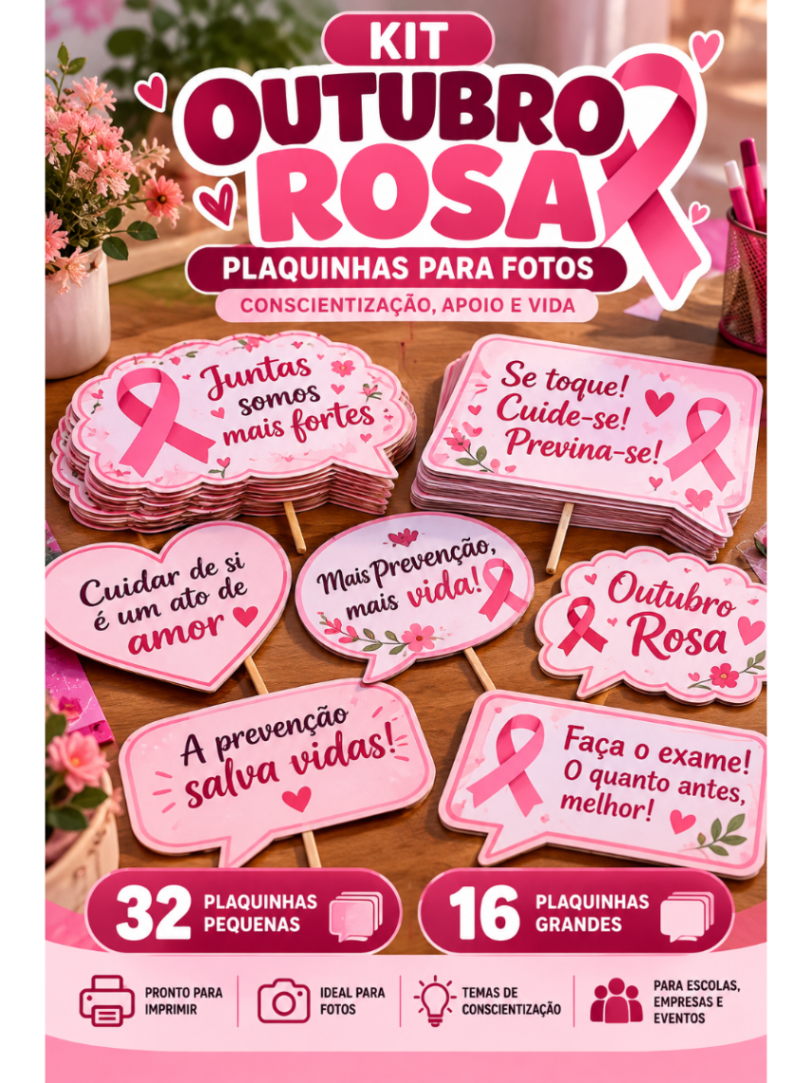 Kit Outubro Rosa – Plaquinhas para Fotos e Conscientização