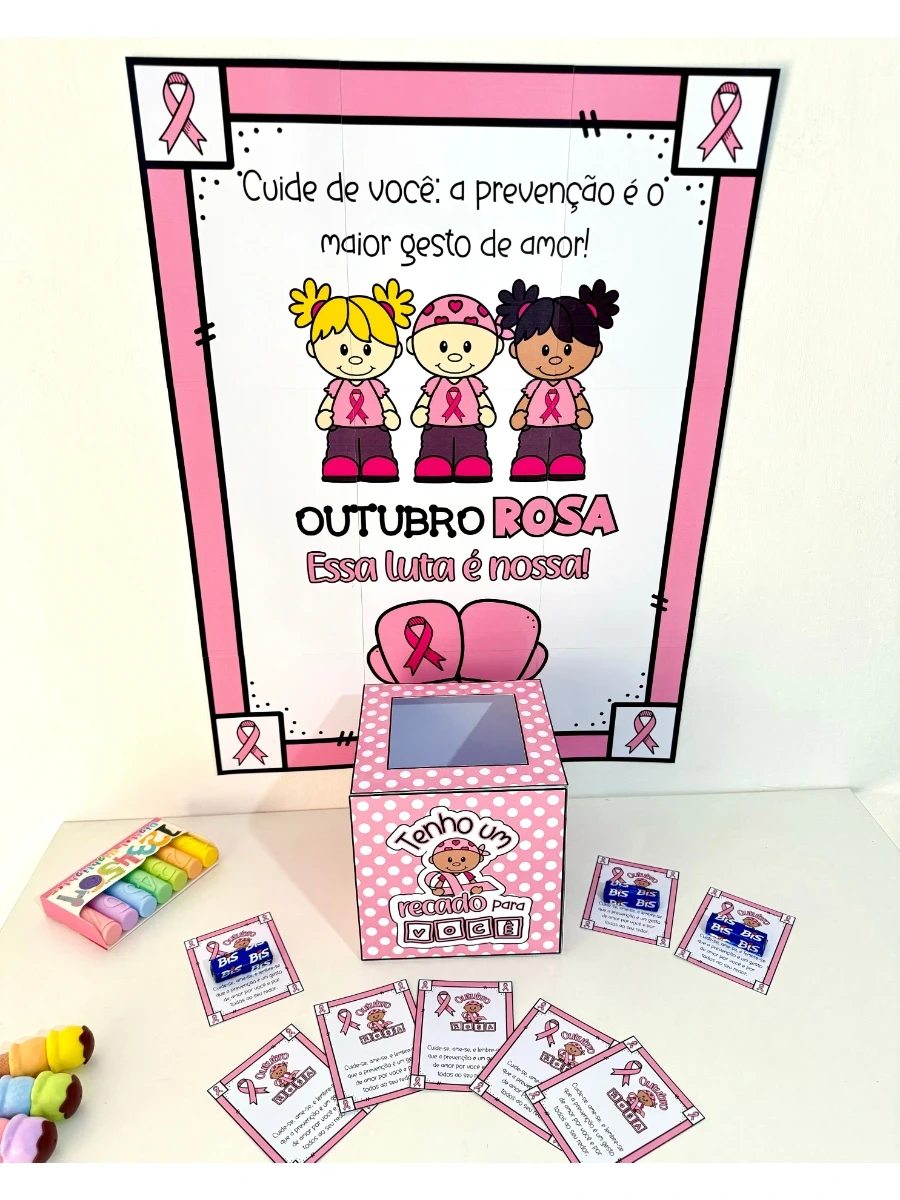 Kit Outubro Rosa para Educação Infantil e Ensino Fundamental – Caixa, Cartaz e Lembrancinha